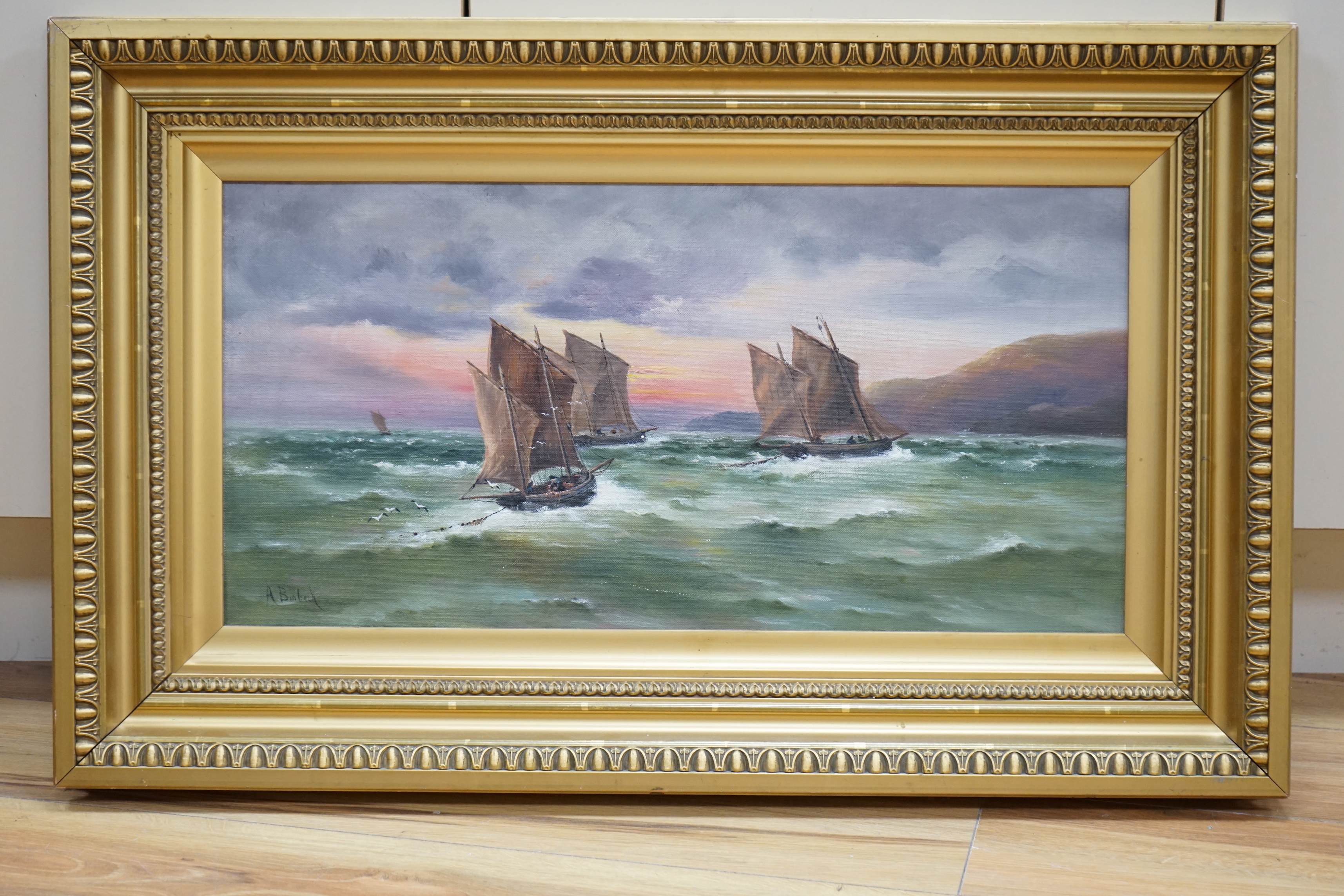 A Binbeck (b. 1900) oil on canvas, Shipping off Hastings, signed, 30 x 60cm, ornate gilt framed